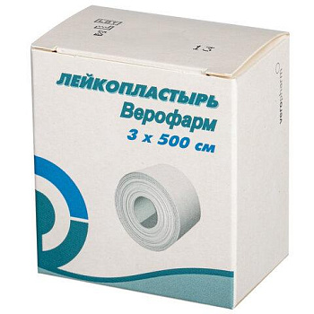Лейкопластырь рулонный, 3х500 см, ВЕРОФАРМ, тканевая основа, картонная коробка, 20024111